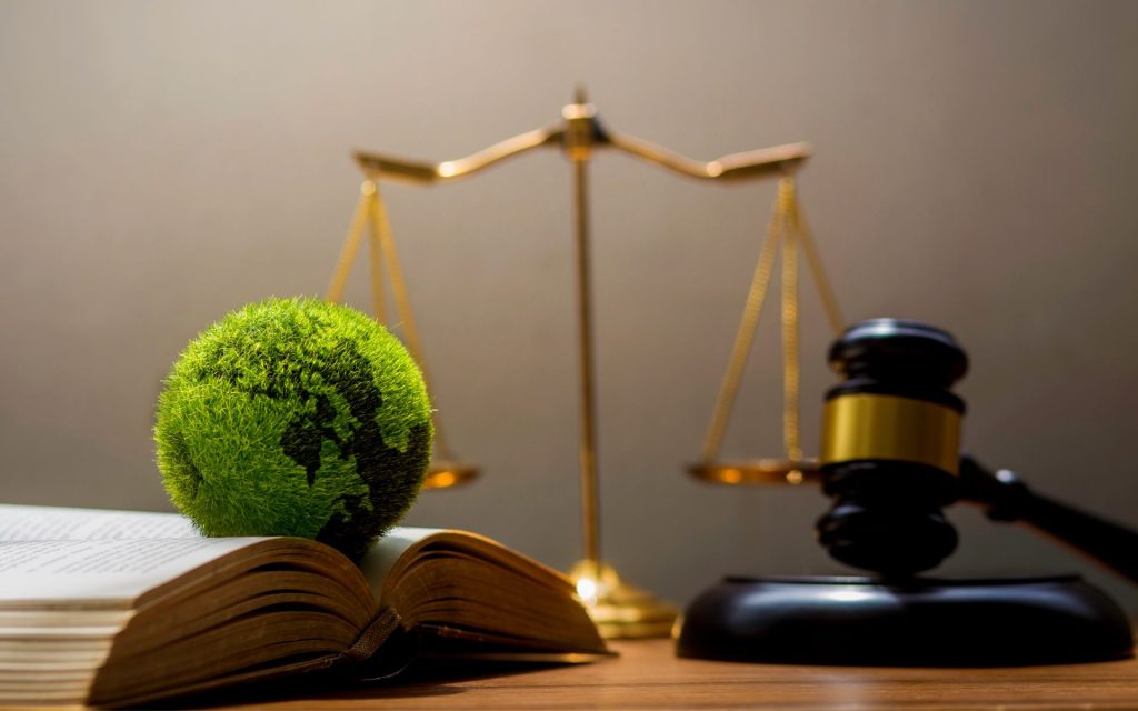 legal scales, a gavel, and earth